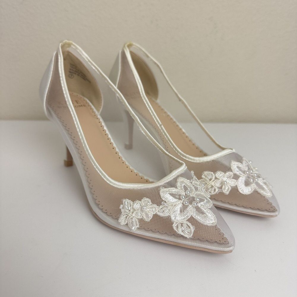 Kate Whitcomb Bridal Sofia Ivory Lace Heels Floral Embroidery Size 7 Wedding‎